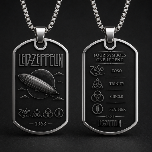 Led Zeppelin Dog Tag Necklace - Four Symbols Pendant, ZoSo Stainless Steel Necklace Led Zeppelin Gift, Rock Fan Necklace