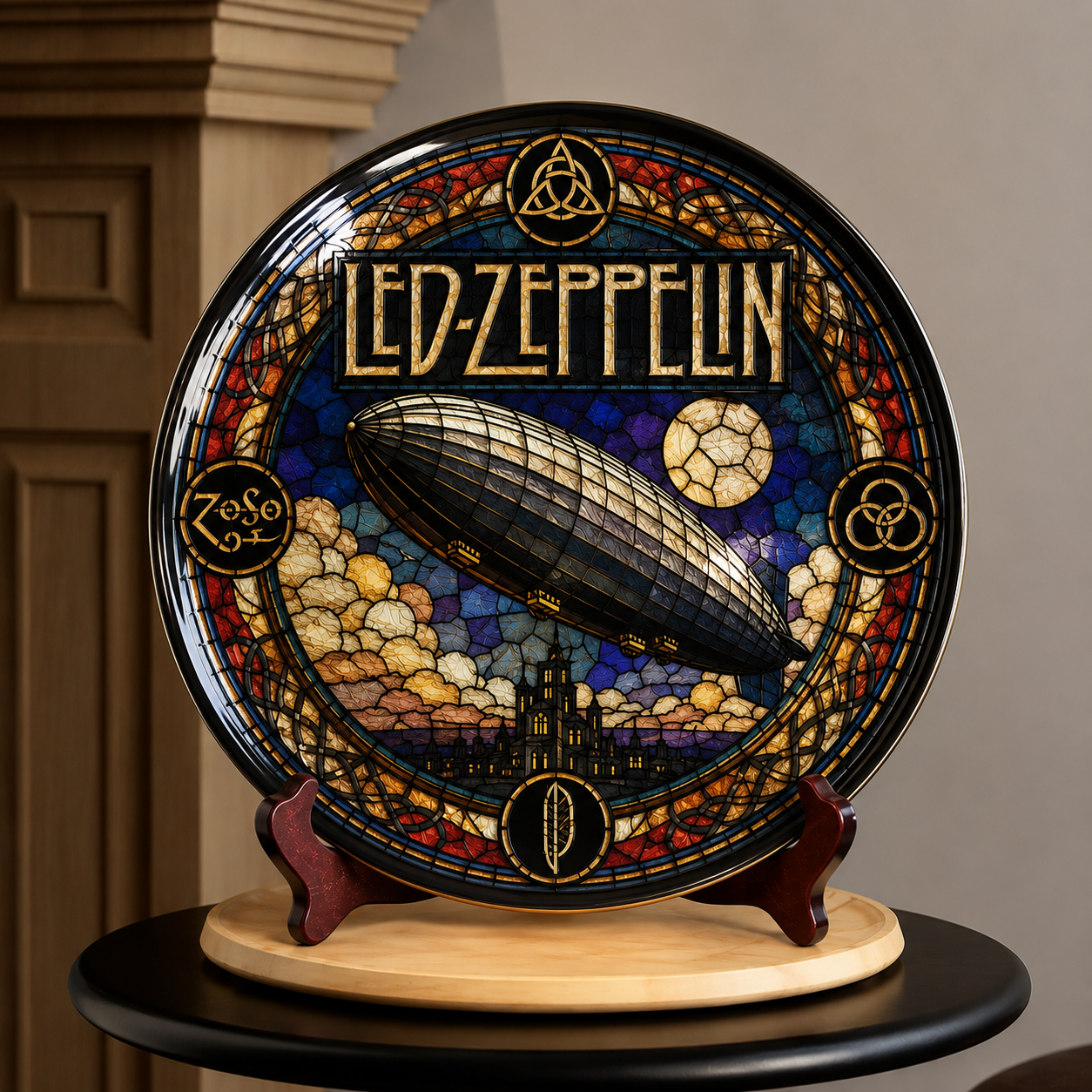 Led Zeppelin Decorative Ceramic Plate with Stand – Stained Glass Rock Art Gift