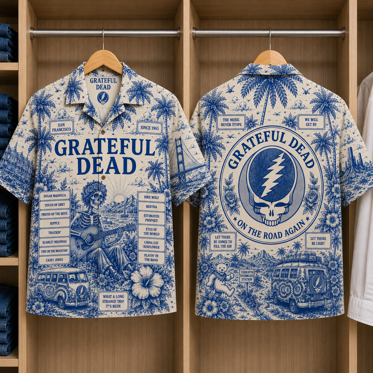 Grateful Dead Special Edition Tropical Blue Hawaiian Shirt - Unisex Music Collage Button Up