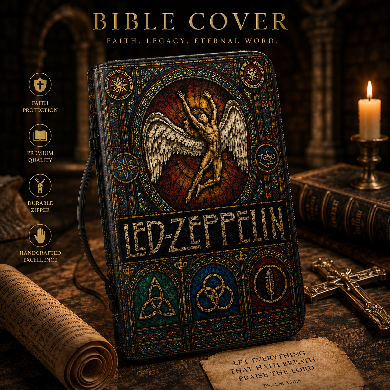 Led Zeppelin Stained Glass Bible Cover - Icarus Angel Gothic Art Leather Zippered Book Cover