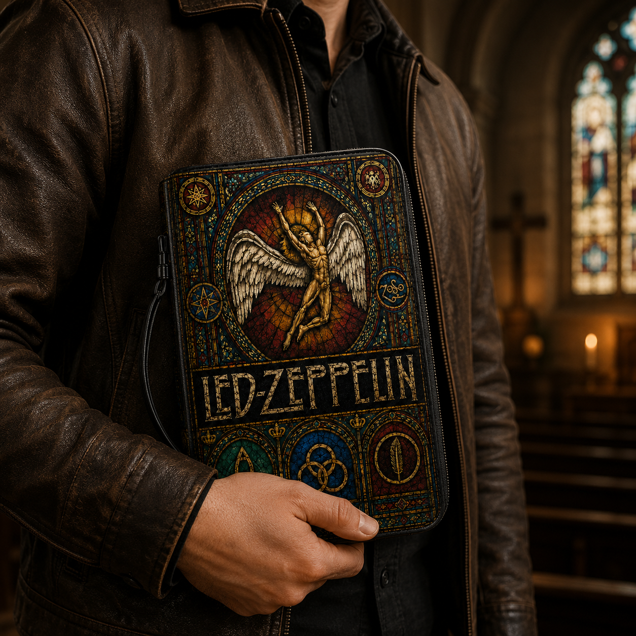Led Zeppelin Stained Glass Bible Cover - Icarus Angel Gothic Art Leather Zippered Book Cover