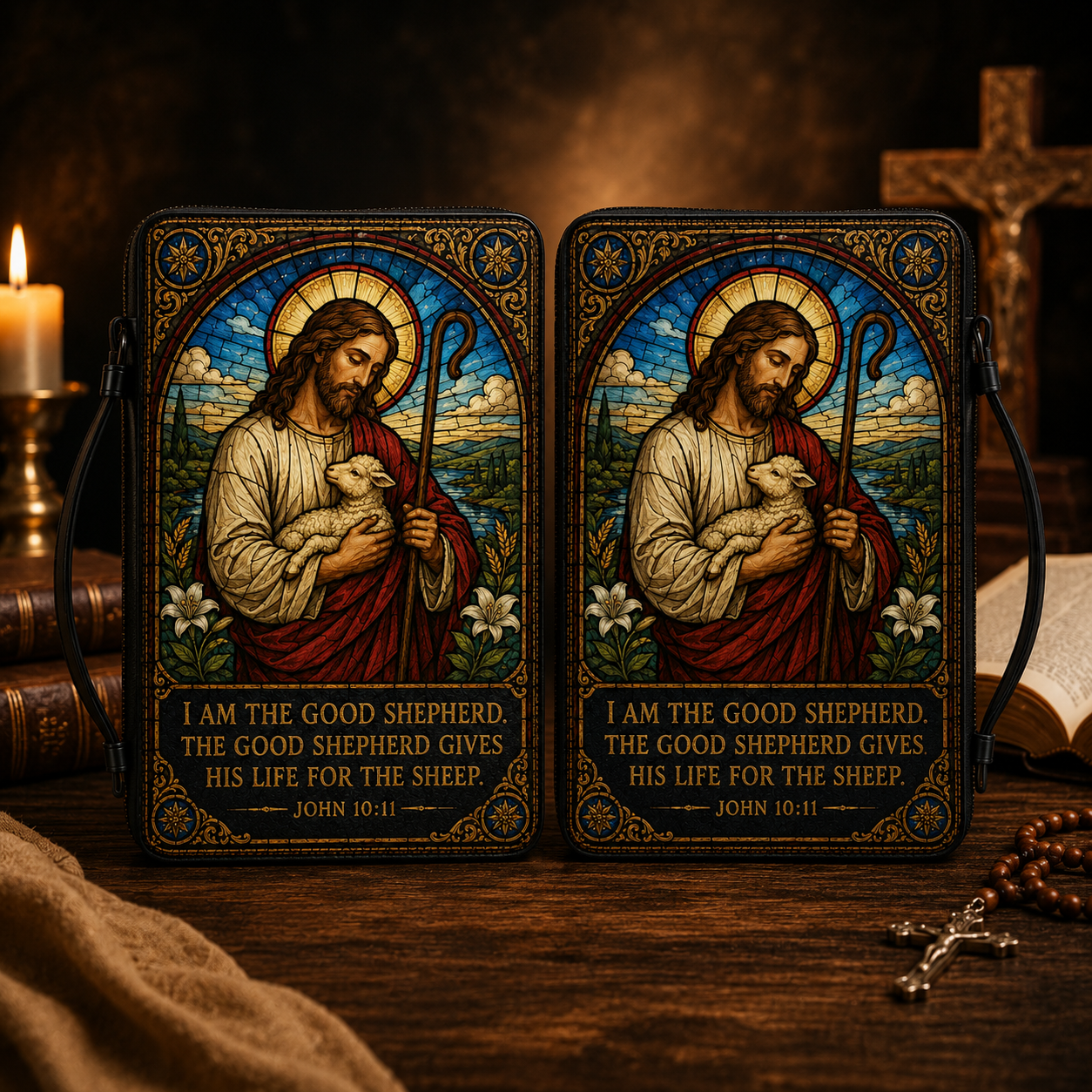Jesus The Good Shepherd Bible Cover - Christian Leather Bible Cover with John 10:11 Scripture Design
