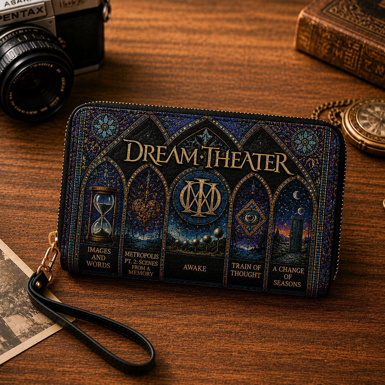 Dream Theater Leather Handbag, Leather Tote Bag, Leather Wallet Set - Stained Glass Dream Theater Band Fan Gift, Luxury Rock Music Accessories
