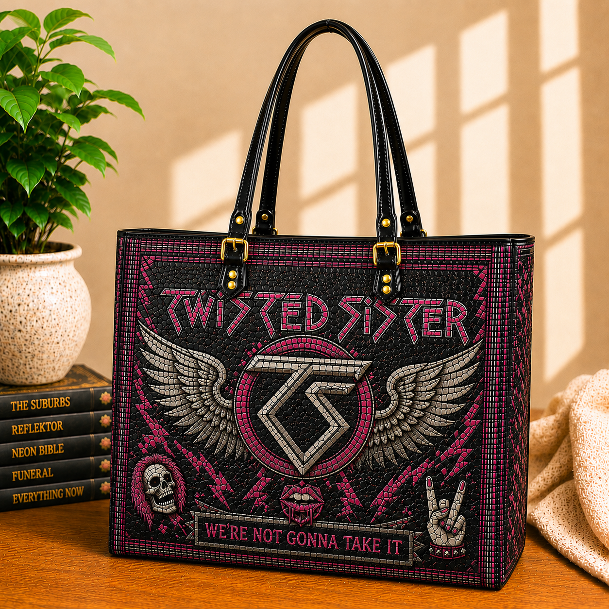 Twisted Sister Leather Handbag, Leather Tote Bag, Leather Wallet Set - Stained Glass Mosaic Twisted Sister Band Fan Gift, Luxury Rock Music Accessories