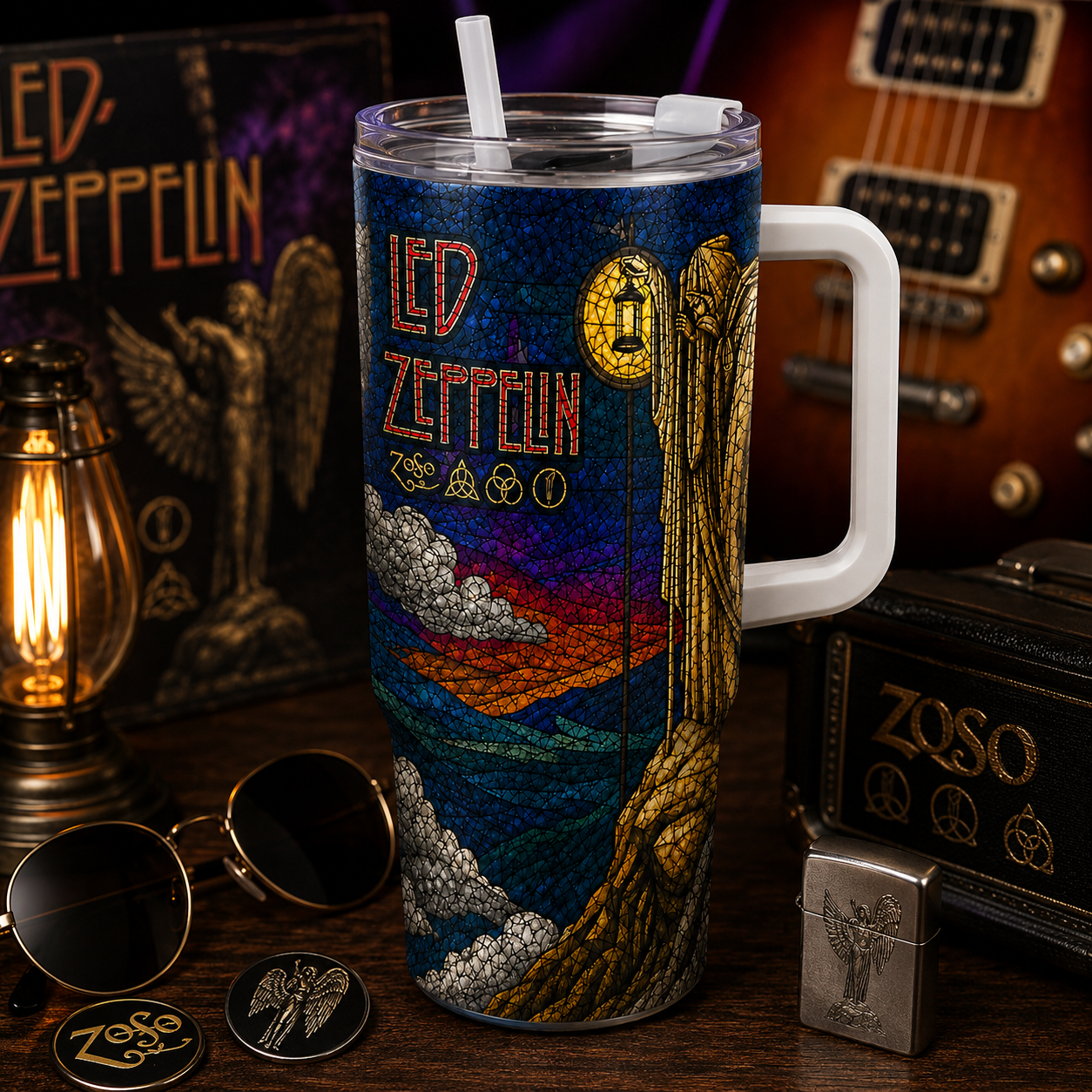 Led Zeppelin Stained Glass 20oz & 40oz Skinny Tumbler - Rock Band Stainless Steel Travel Tumbler with Lid for Led Zeppelin Fans