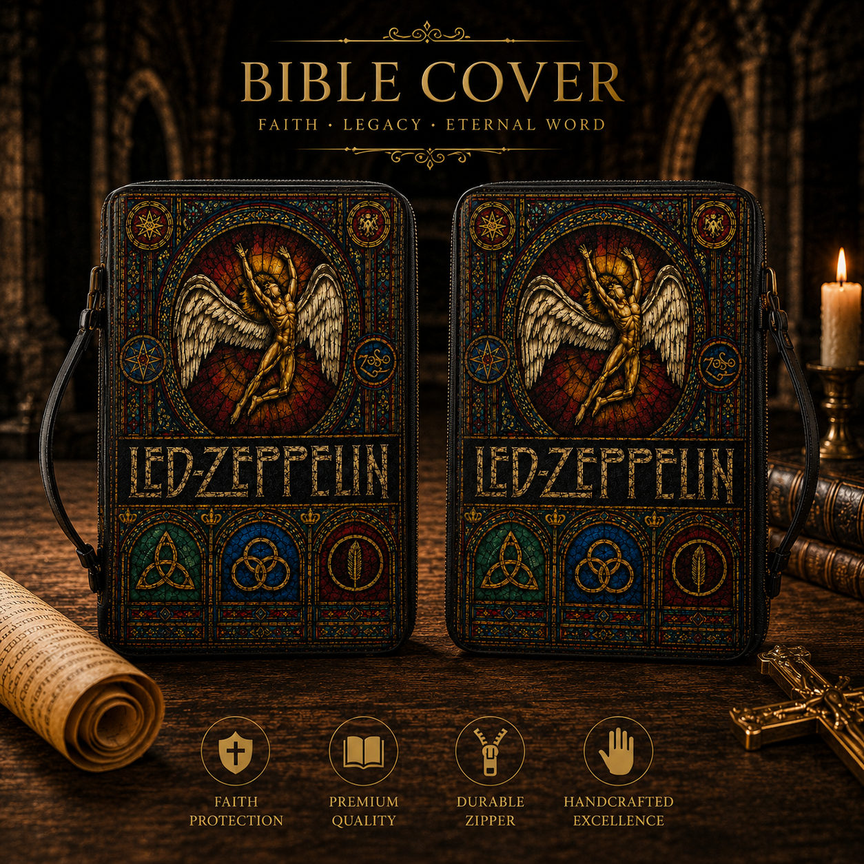 Led Zeppelin Stained Glass Bible Cover - Icarus Angel Gothic Art Leather Zippered Book Cover