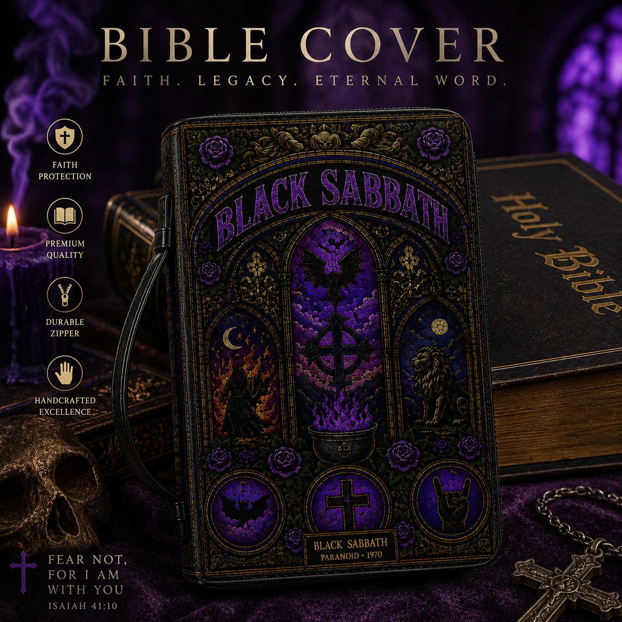 Black Sabbath Stained Glass Bible Cover - Gothic Paranoid 1970 Art Leather Zippered Book Cover