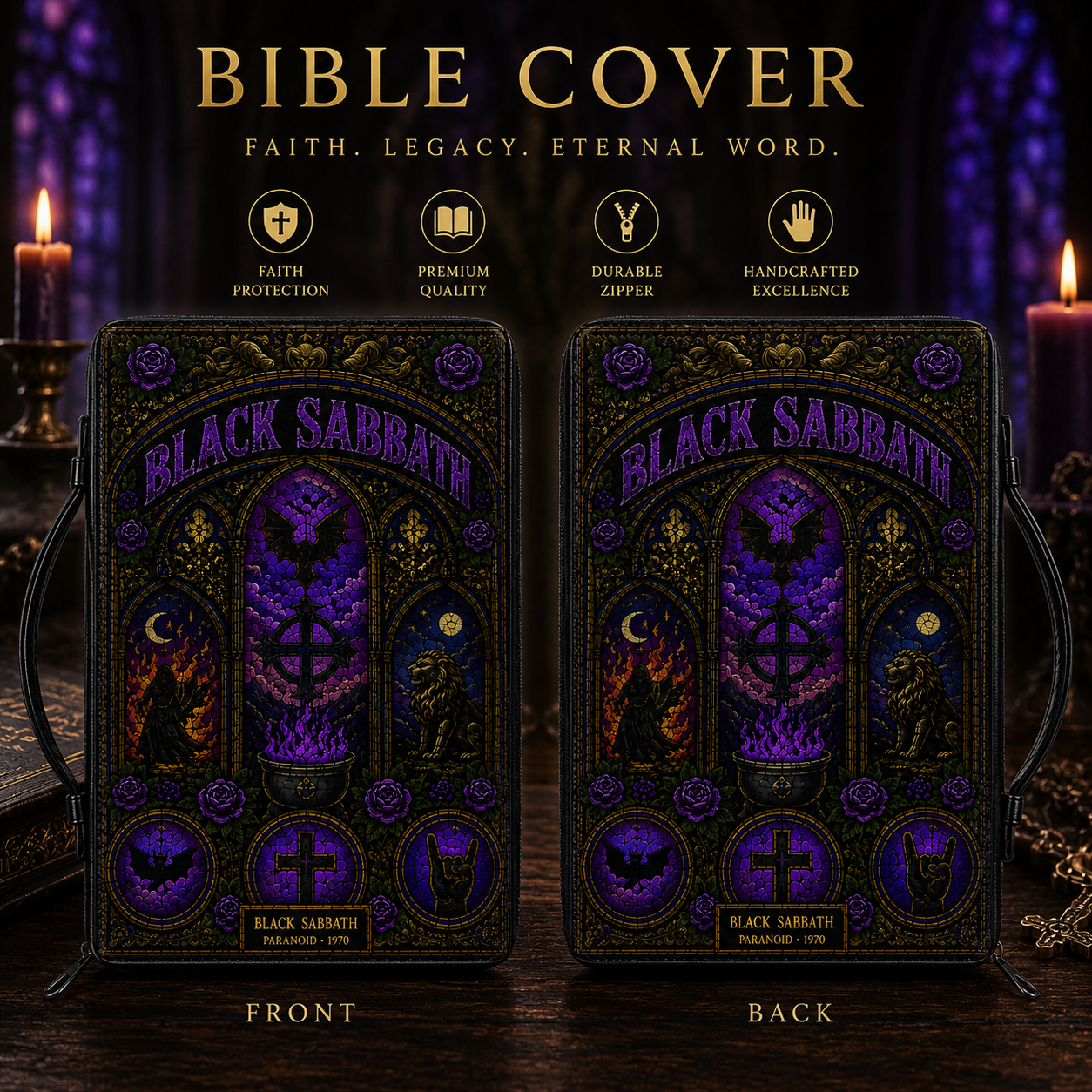 Black Sabbath Stained Glass Bible Cover - Gothic Paranoid 1970 Art Leather Zippered Book Cover