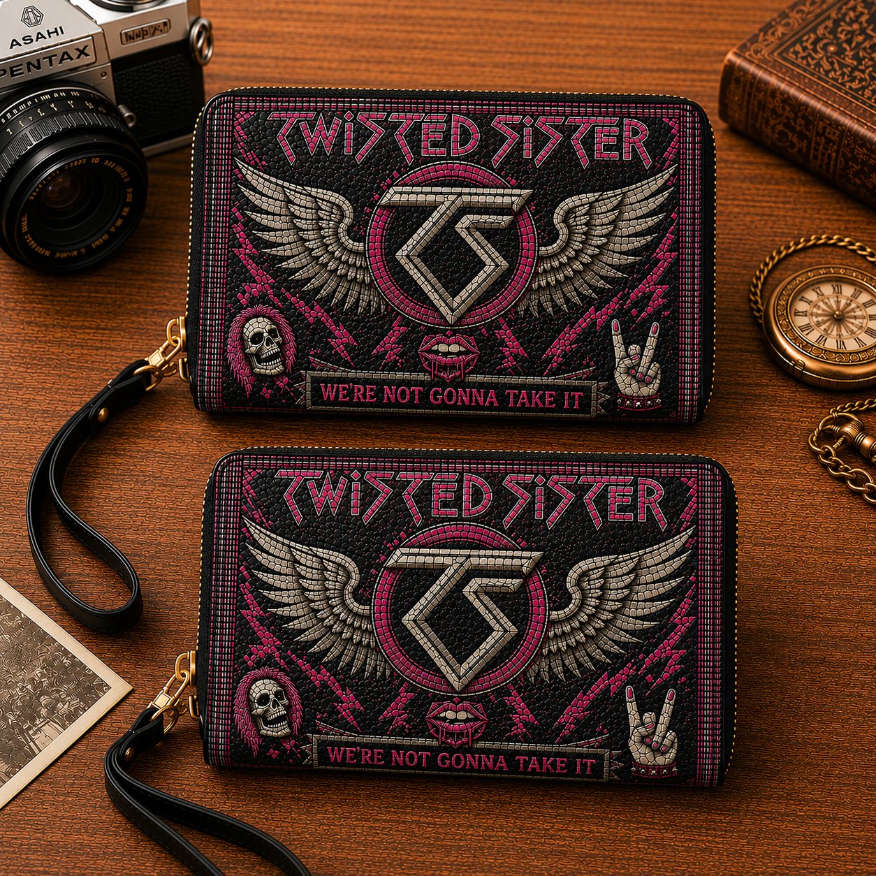Twisted Sister Leather Handbag, Leather Tote Bag, Leather Wallet Set - Stained Glass Mosaic Twisted Sister Band Fan Gift, Luxury Rock Music Accessories