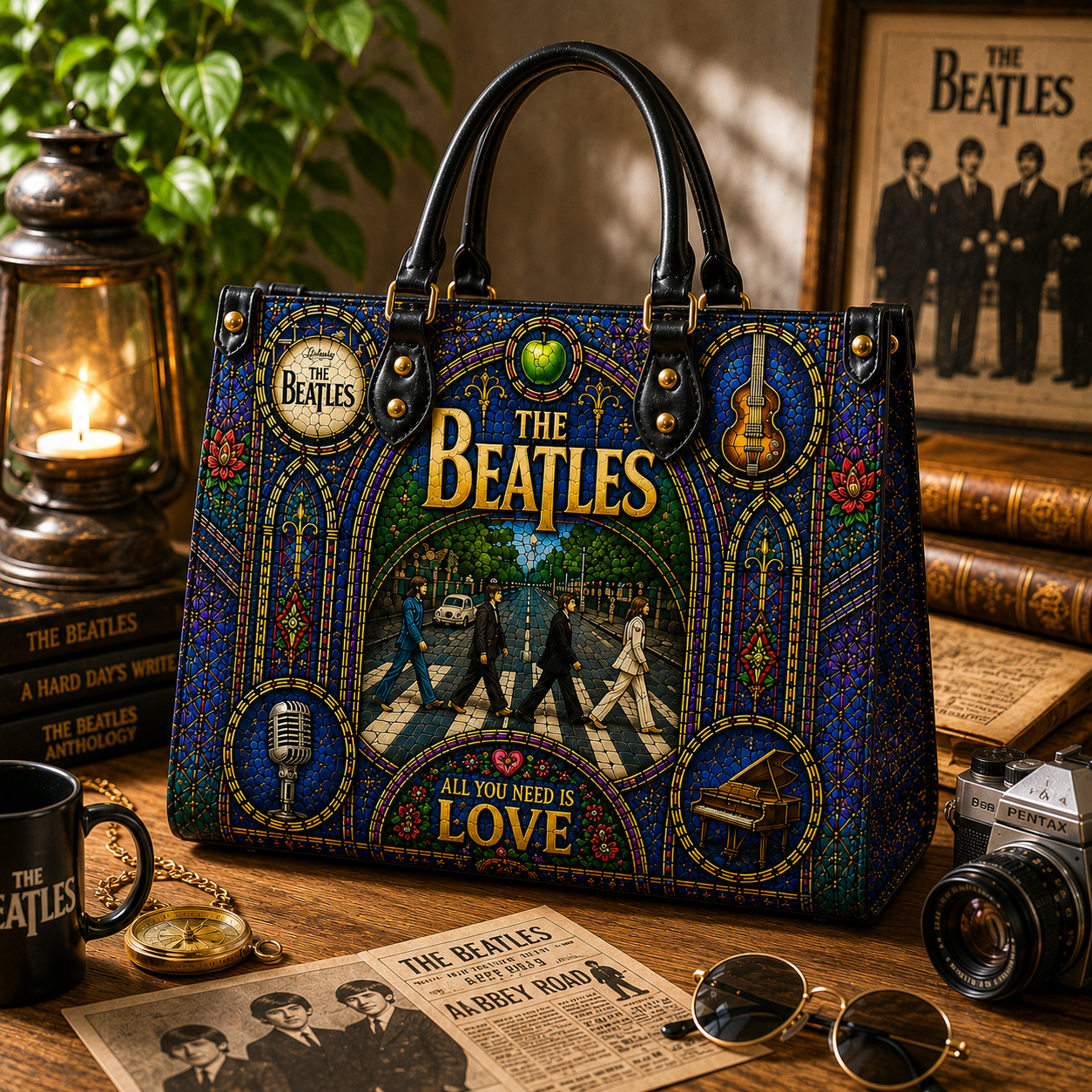 The Beatles Leather Handbag, Leather Tote Bag, Leather Wallet Set - Stained Glass The Beatles Band Fan Gift, Luxury Rock Music Accessories