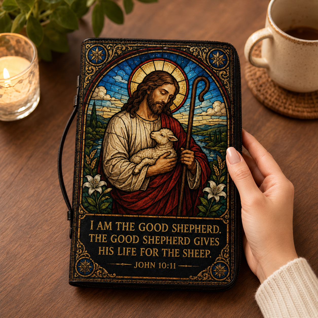 Jesus The Good Shepherd Bible Cover - Christian Leather Bible Cover with John 10:11 Scripture Design