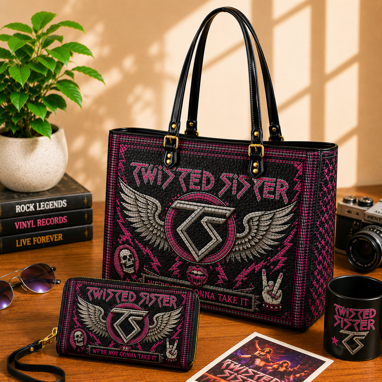Twisted Sister Leather Handbag, Leather Tote Bag, Leather Wallet Set - Stained Glass Mosaic Twisted Sister Band Fan Gift, Luxury Rock Music Accessories