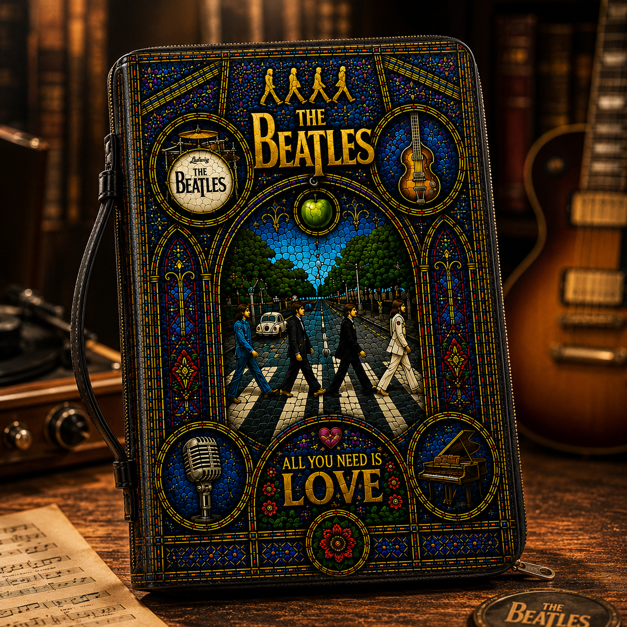 The Beatles Stained Glass Bible Cover - Abbey Road All You Need Is Love Leather Zippered Book Cover
