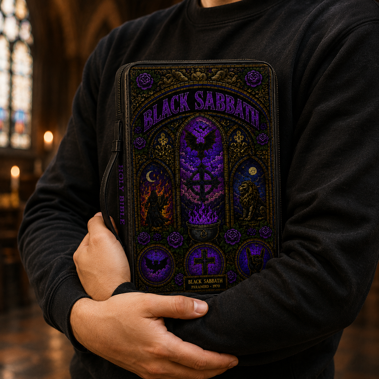 Black Sabbath Stained Glass Bible Cover - Gothic Paranoid 1970 Art Leather Zippered Book Cover
