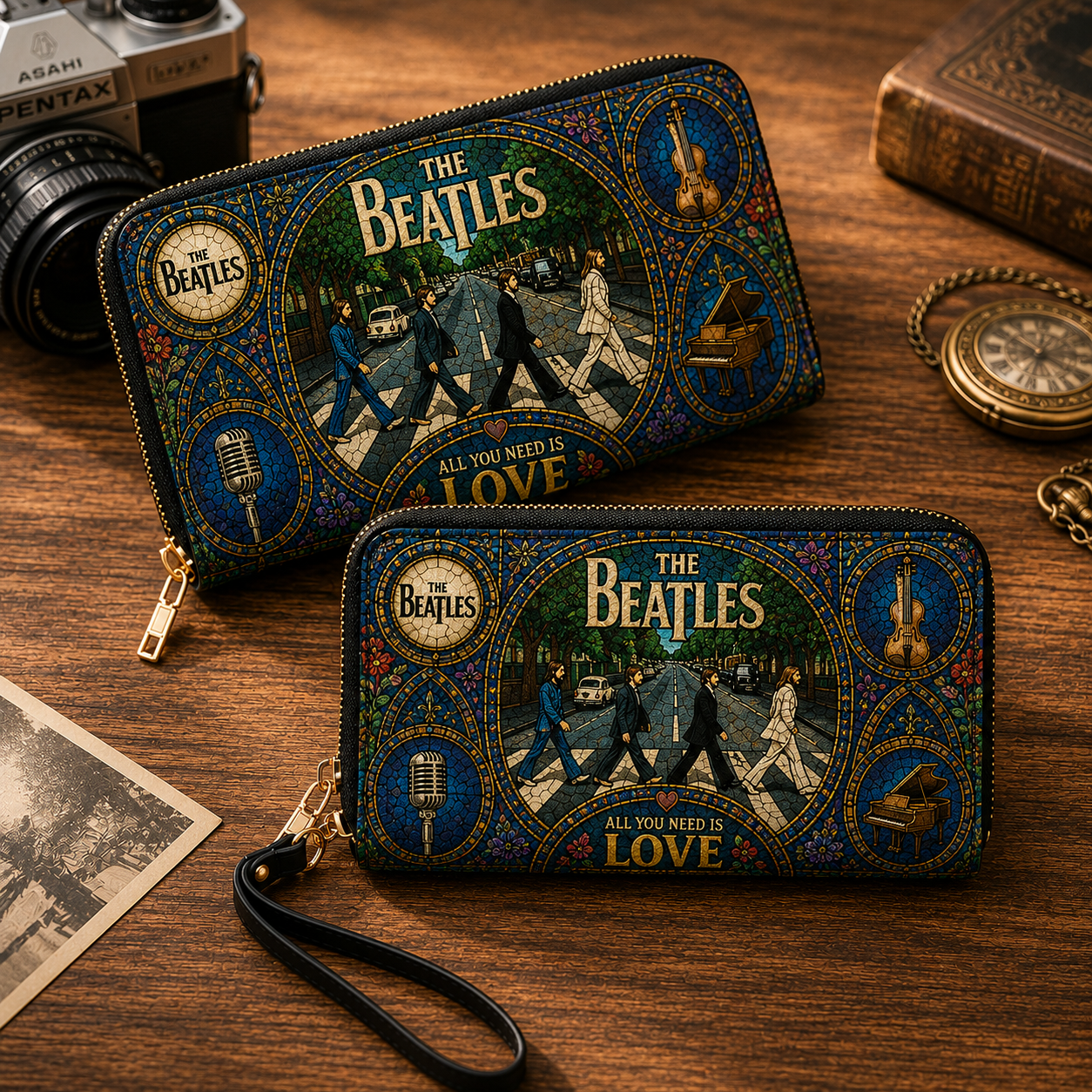 The Beatles Leather Handbag, Leather Tote Bag, Leather Wallet Set - Stained Glass The Beatles Band Fan Gift, Luxury Rock Music Accessories