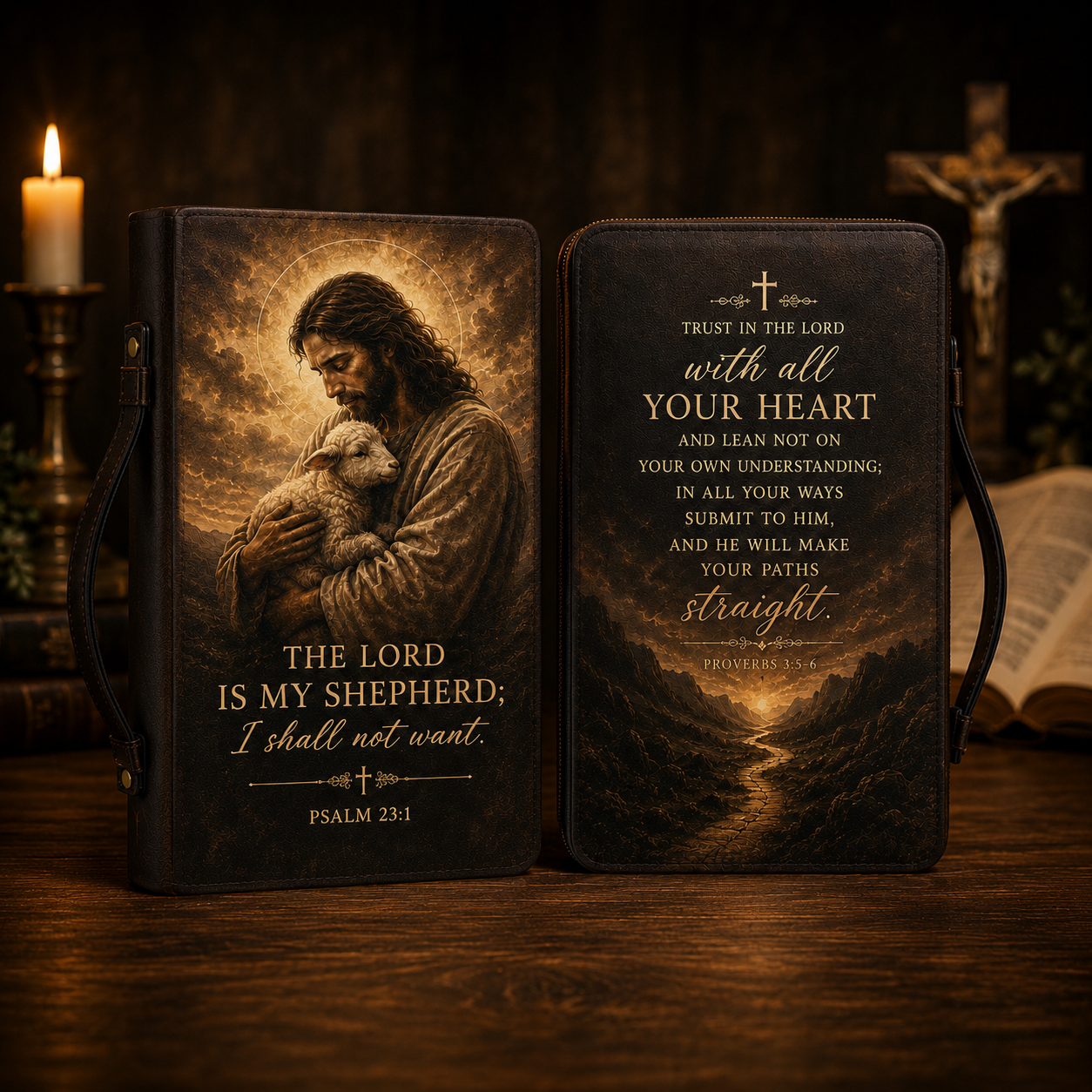 Christian Bible Cover - Jesus Shepherd Bible Cover with Psalm 23:1 and Proverbs 3:5-6 Scripture Design