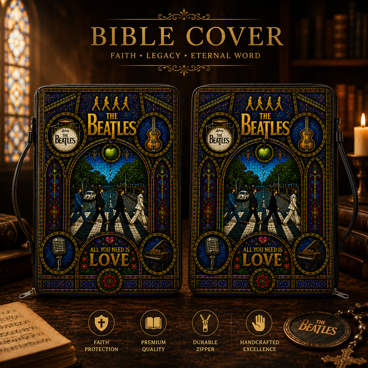 The Beatles Stained Glass Bible Cover - Abbey Road All You Need Is Love Leather Zippered Book Cover