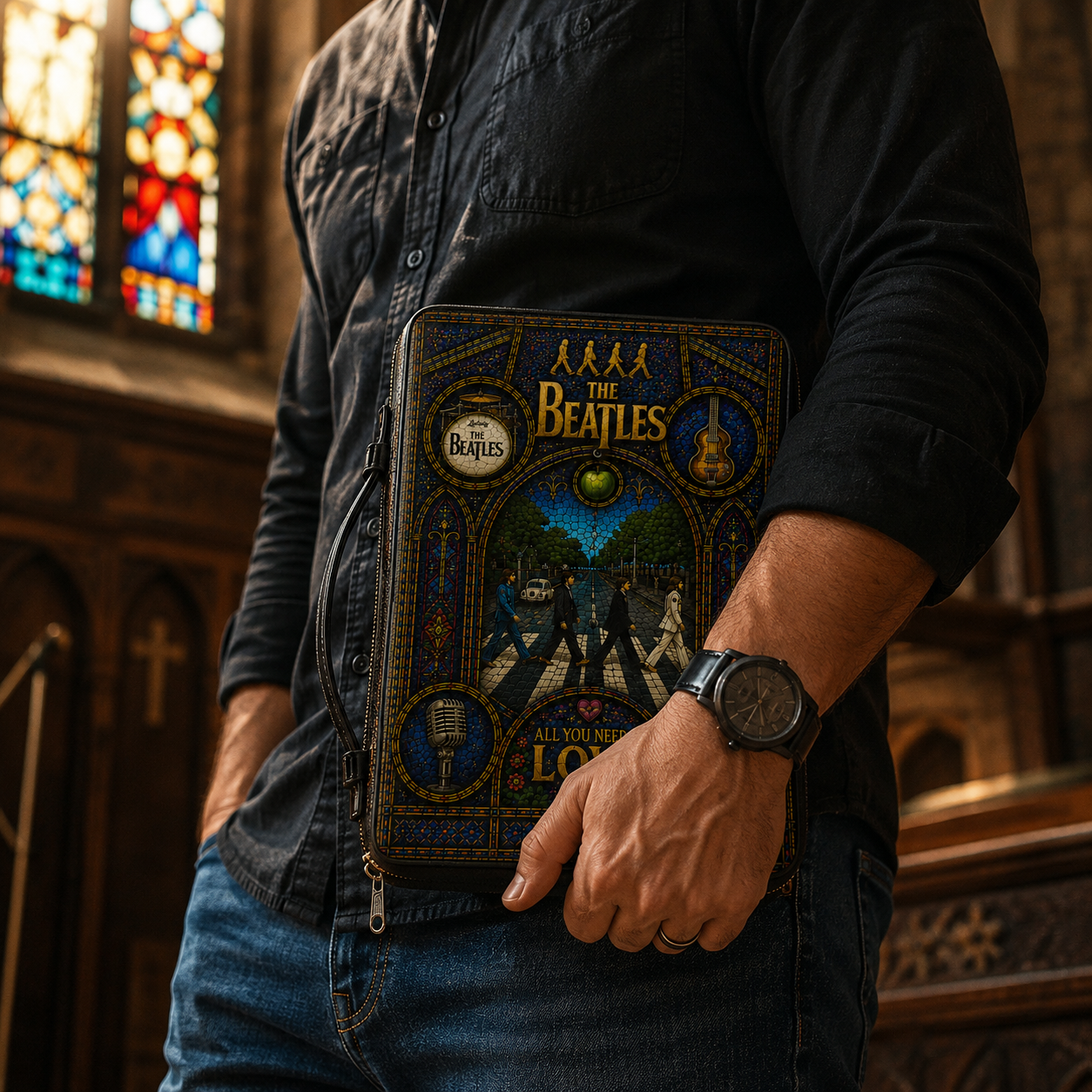 The Beatles Stained Glass Bible Cover - Abbey Road All You Need Is Love Leather Zippered Book Cover