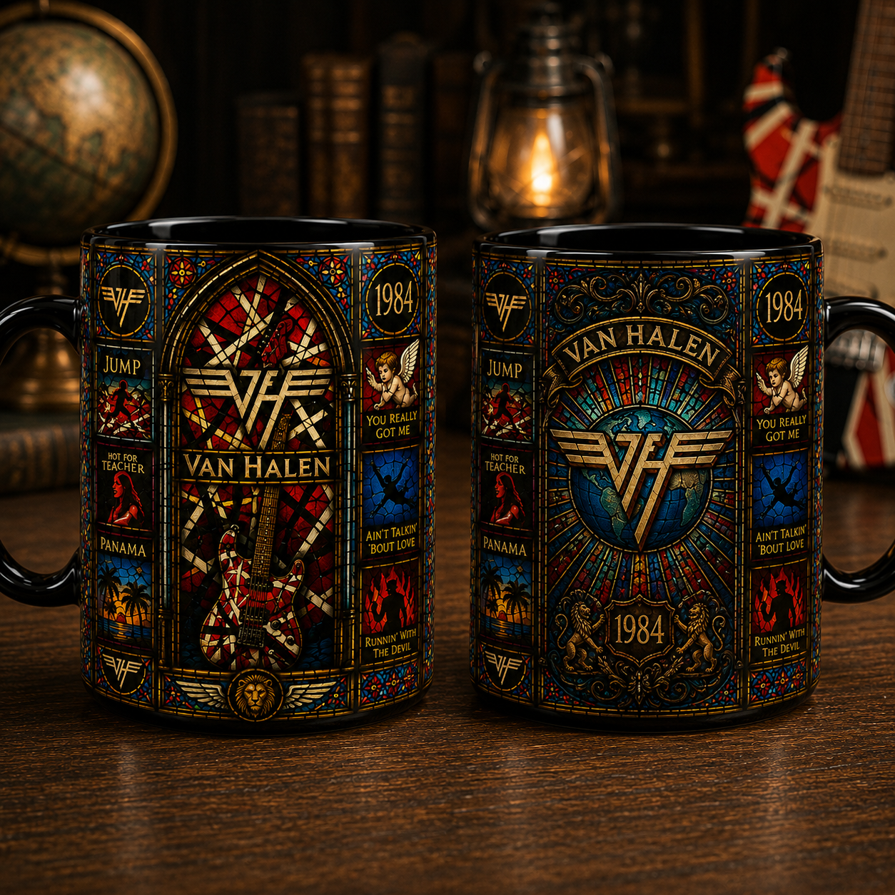 Van Halen Stained Glass Mug – 1984 Rock Music Inspired Guitar Coffee Cup