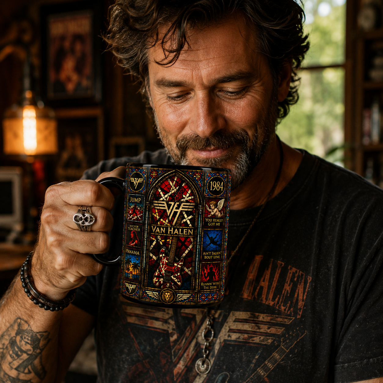 Van Halen Stained Glass Mug – 1984 Rock Music Inspired Guitar Coffee Cup