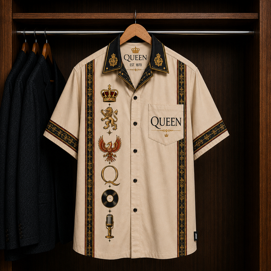 Queen Band Crown Logo Hawaiian Shirt - Mexican Inspired Hawaiian Shirt White Version