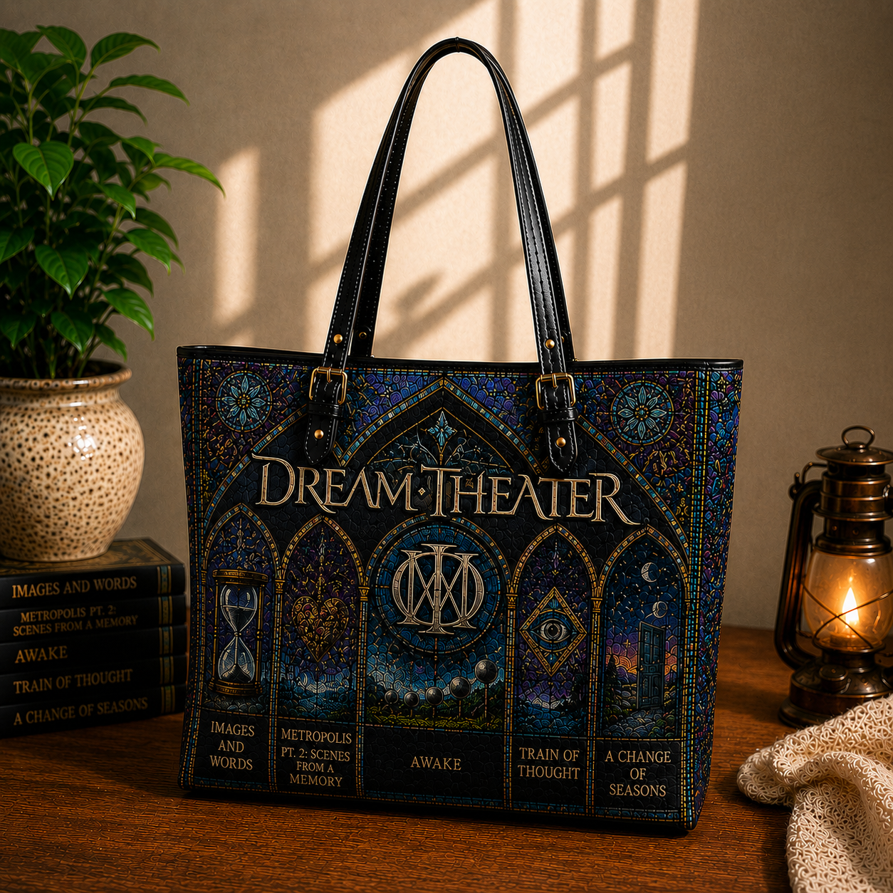 Dream Theater Leather Handbag, Leather Tote Bag, Leather Wallet Set - Stained Glass Dream Theater Band Fan Gift, Luxury Rock Music Accessories