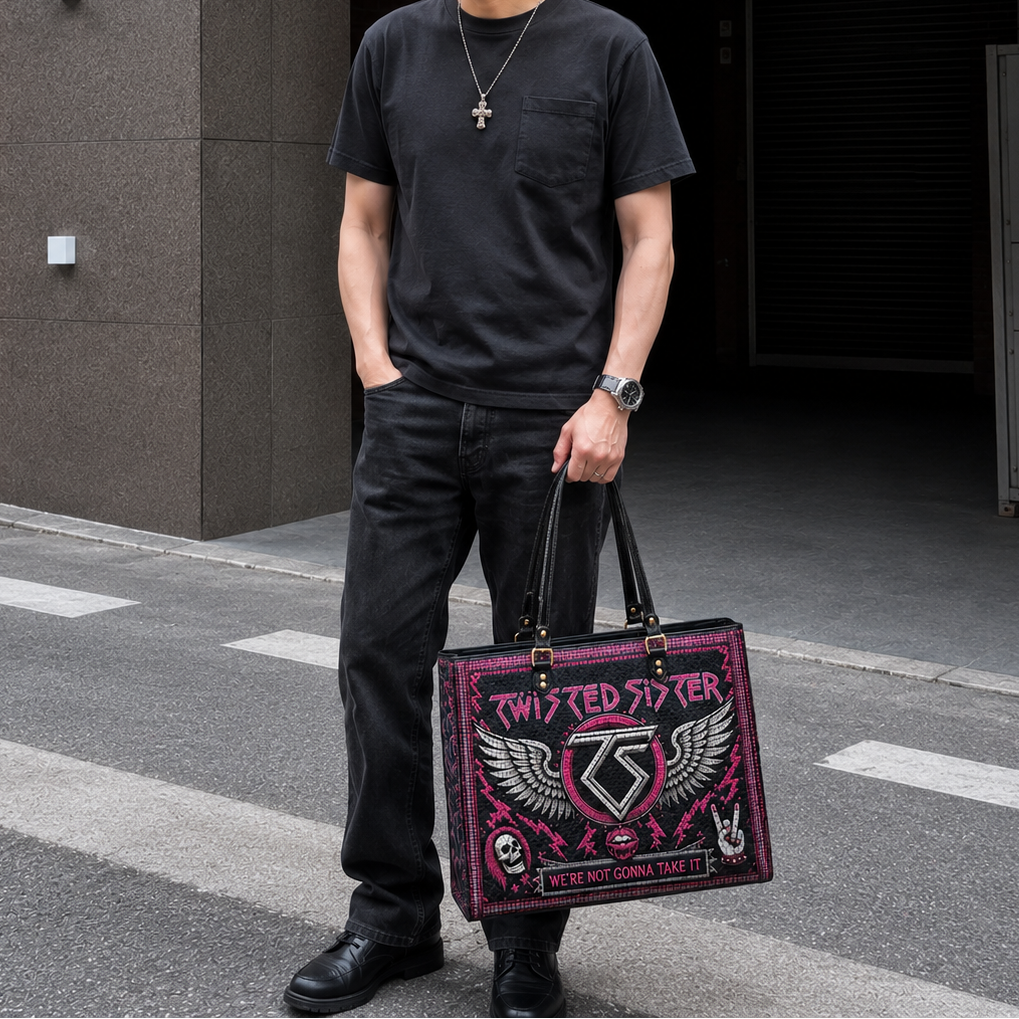 Twisted Sister Leather Handbag, Leather Tote Bag, Leather Wallet Set - Stained Glass Mosaic Twisted Sister Band Fan Gift, Luxury Rock Music Accessories