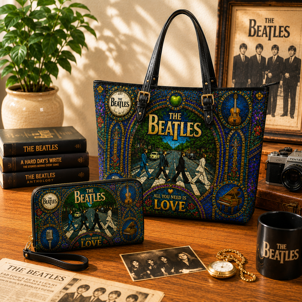 The Beatles Leather Handbag, Leather Tote Bag, Leather Wallet Set - Stained Glass The Beatles Band Fan Gift, Luxury Rock Music Accessories