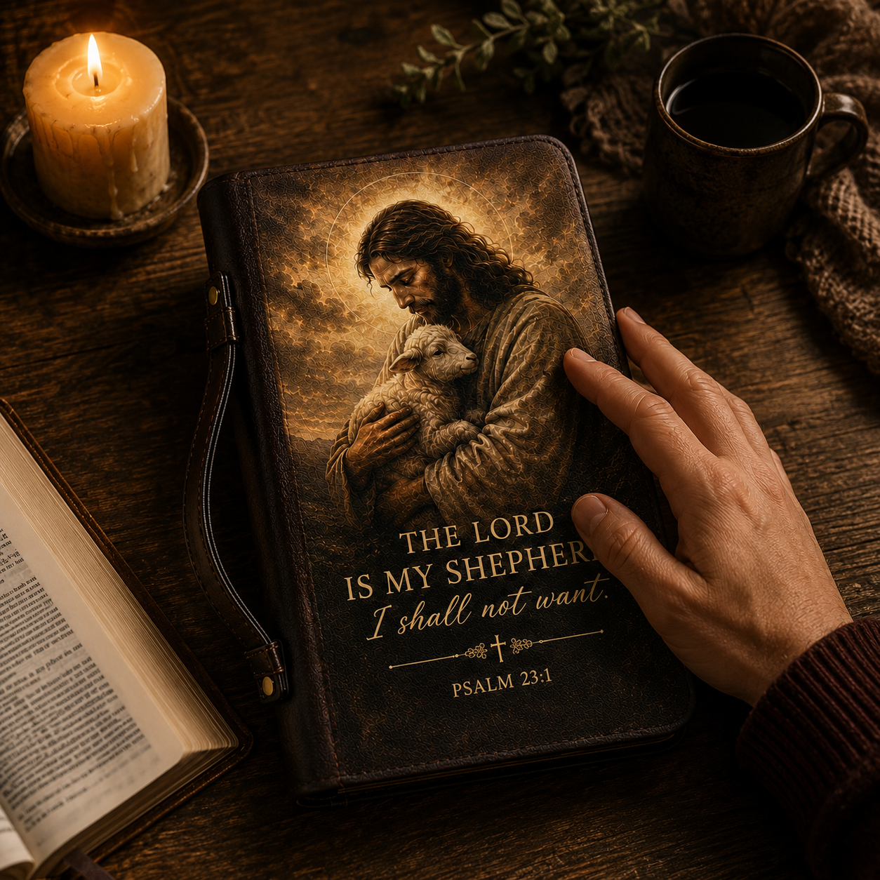 Christian Bible Cover - Jesus Shepherd Bible Cover with Psalm 23:1 and Proverbs 3:5-6 Scripture Design