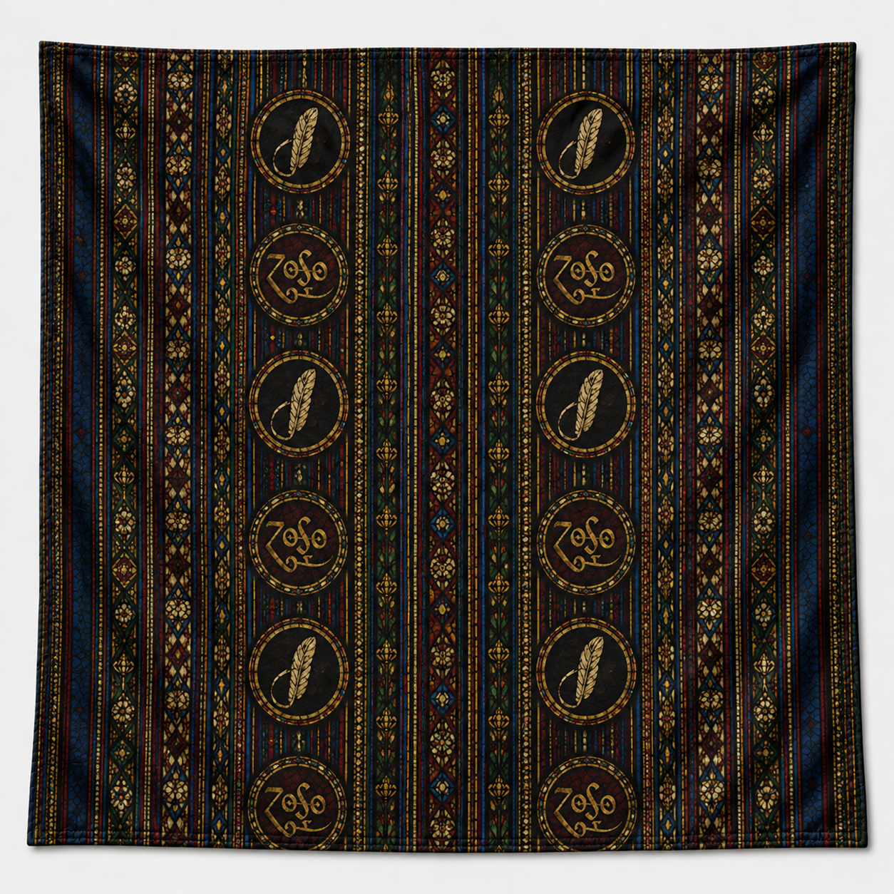 Led Zeppelin Inspired Satin Bandana - Vintage Bohemian Music Scarf with Feather & Symbol Design