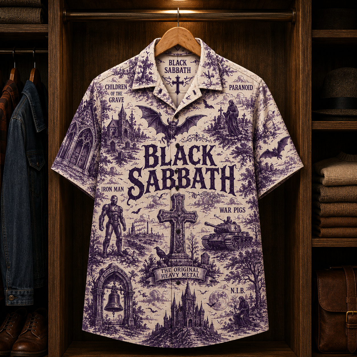Black Sabbath Hawaiian Shirt - Gothic Heavy Metal Band Cross Cemetery Button-Up Summer Shirt for Fans