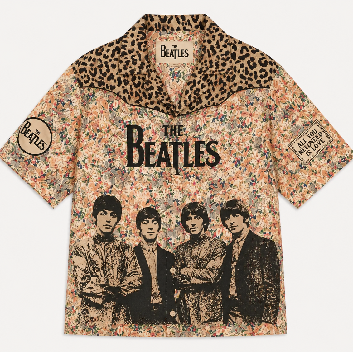 The Beatles Floral Fauve Eclat Animalier Hawaiian Shirt - Vintage Retro Rock Button-Up with Leopard Print Accent