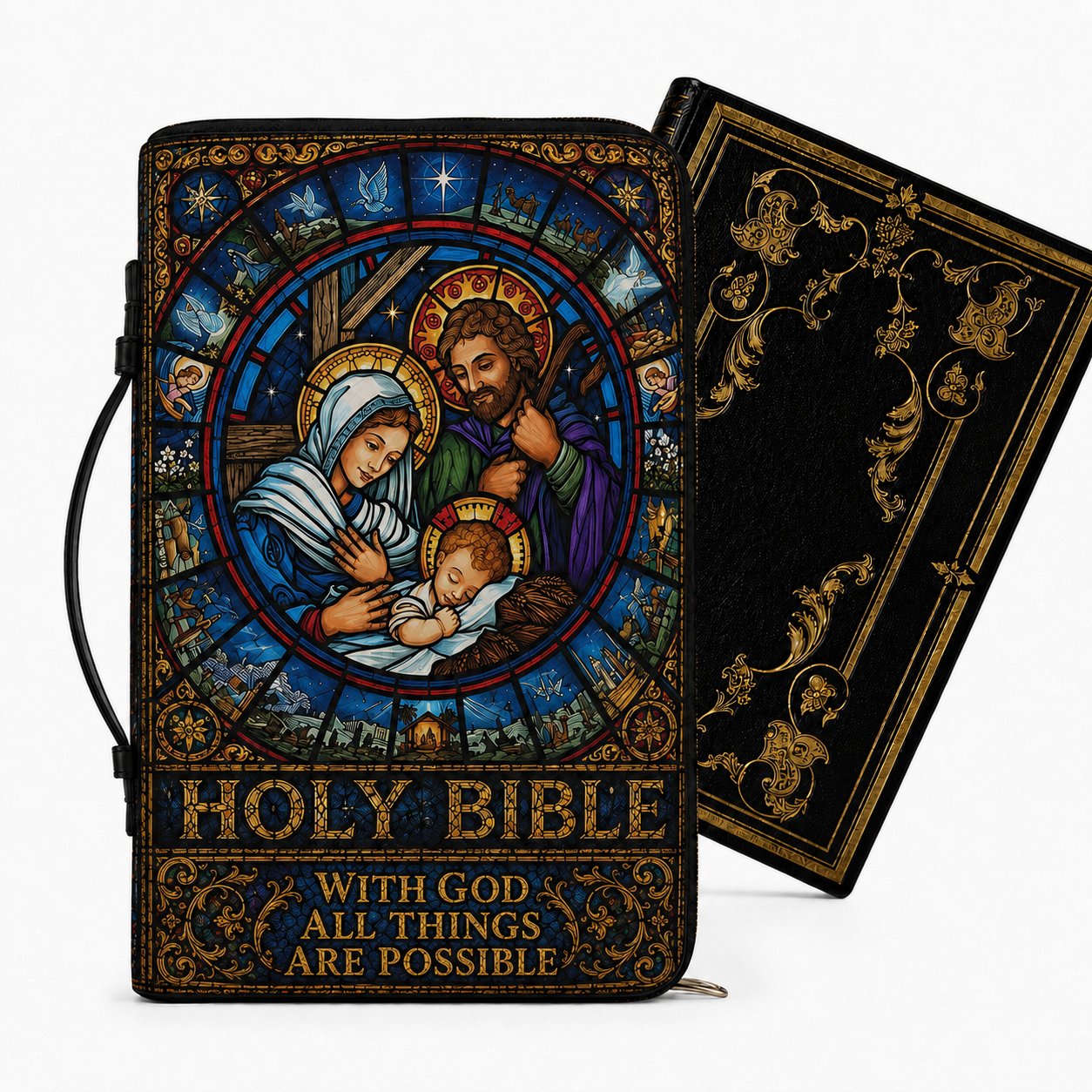 Holy Bible Cover With God All Things Are Possible- Christian Stained Glass Nativity Leather Bible Cover with Zipper