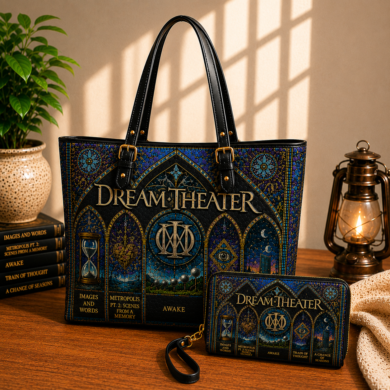 Dream Theater Leather Handbag, Leather Tote Bag, Leather Wallet Set - Stained Glass Dream Theater Band Fan Gift, Luxury Rock Music Accessories