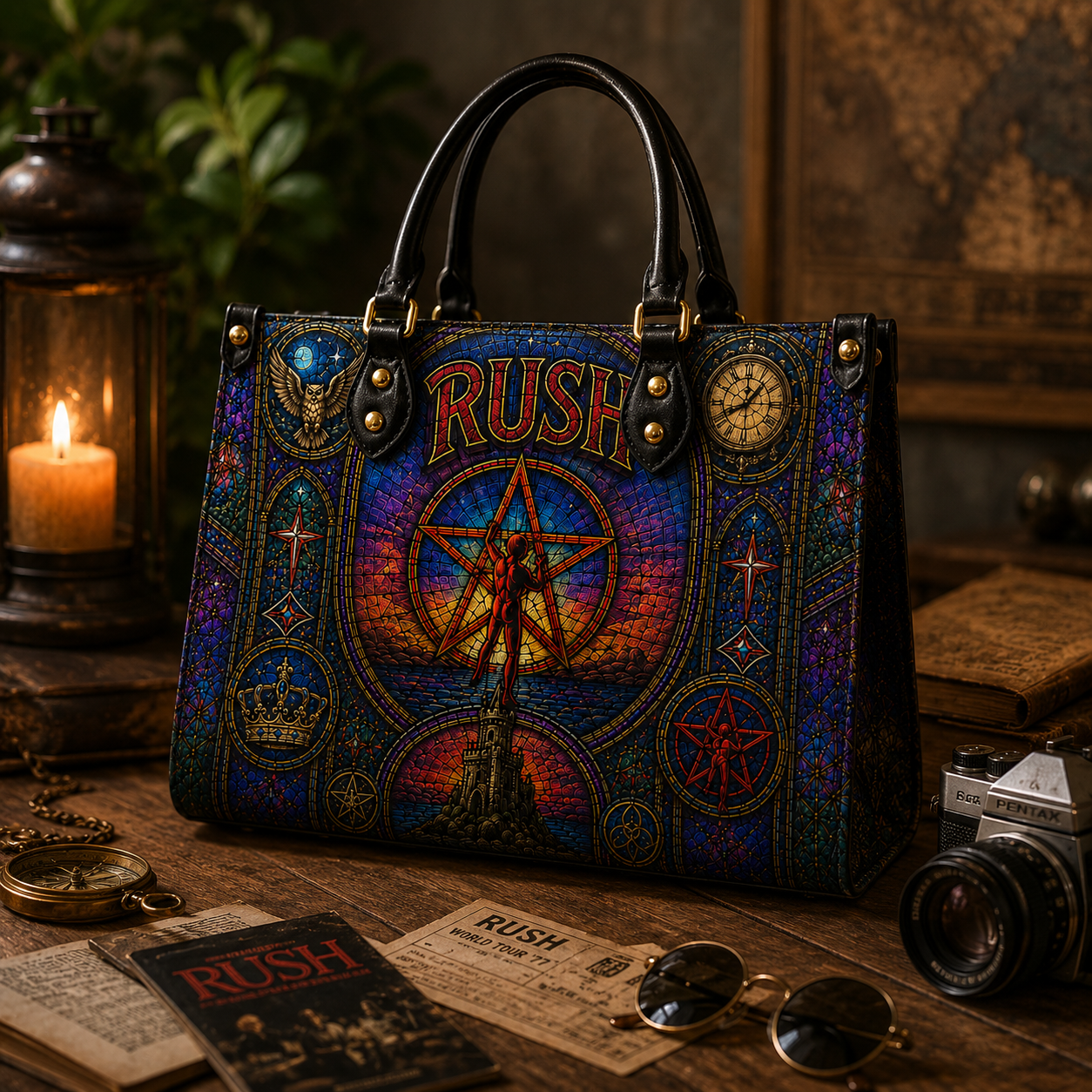 Rush Leather Handbag, Leather Tote Bag, Leather Wallet Set - Stained Glass Rush Band Fan Gift, Luxury Rock Music Accessories