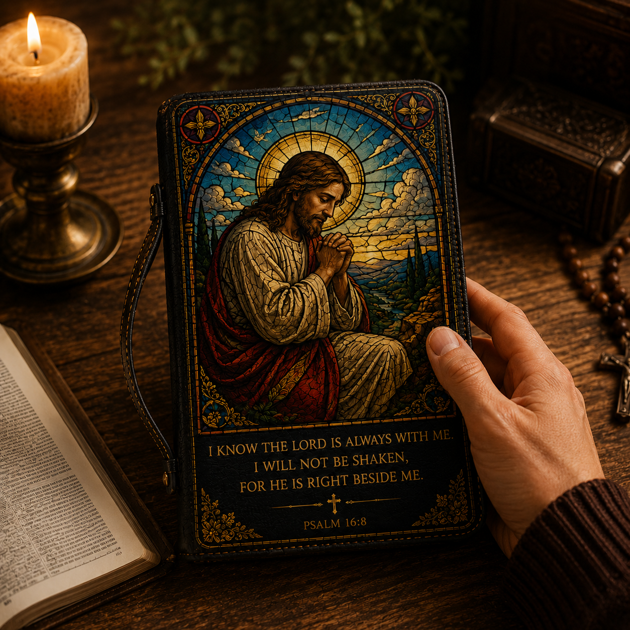 Christian Bible Cover - Praying Jesus Bible Cover with Psalm 16:8 and Isaiah 60:22 Scripture Design