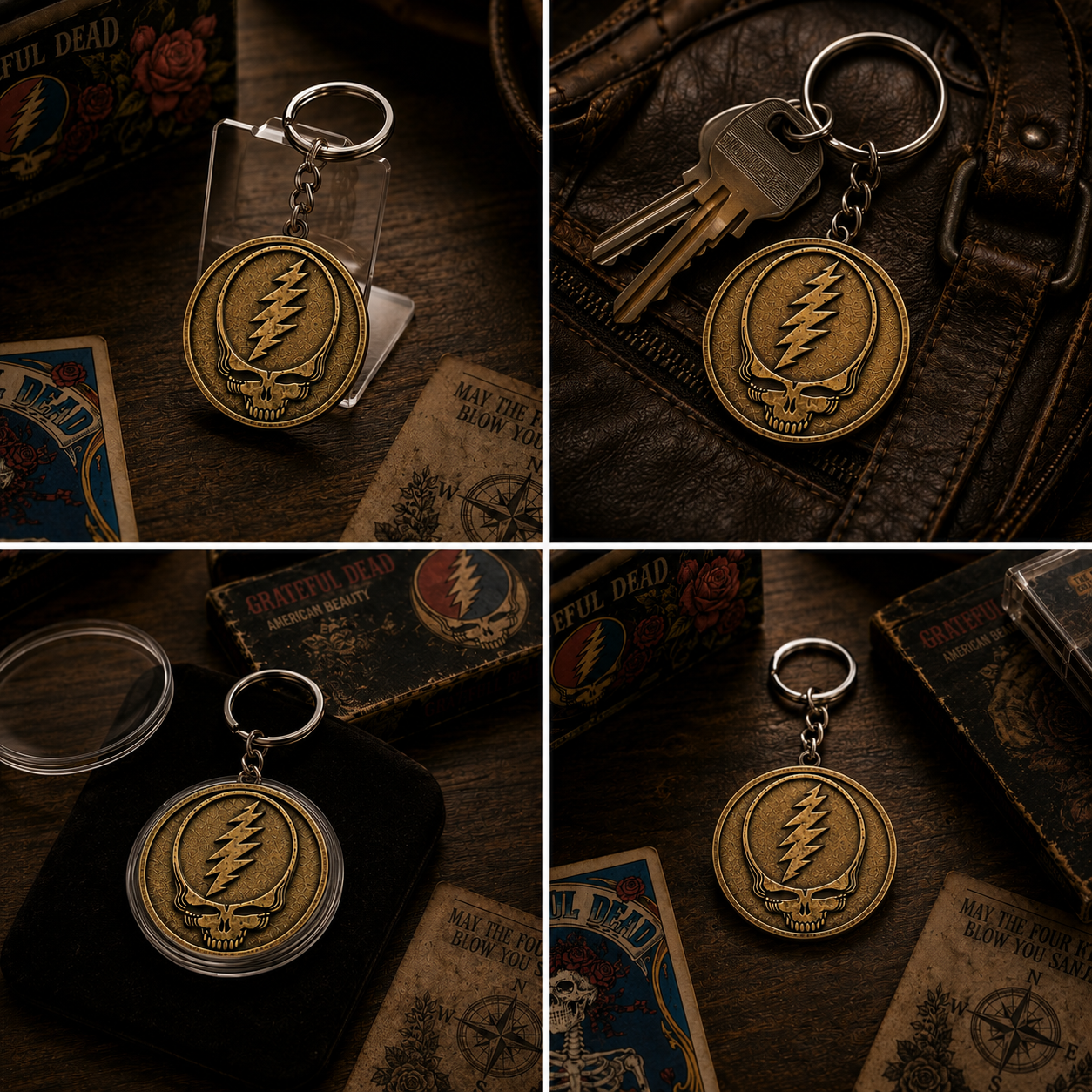 Grateful Dead Steal Your Face Skull Coin Keychain – Vintage Deadhead Key Ring, Antique Gold Lightning Bolt Skull Keychain
