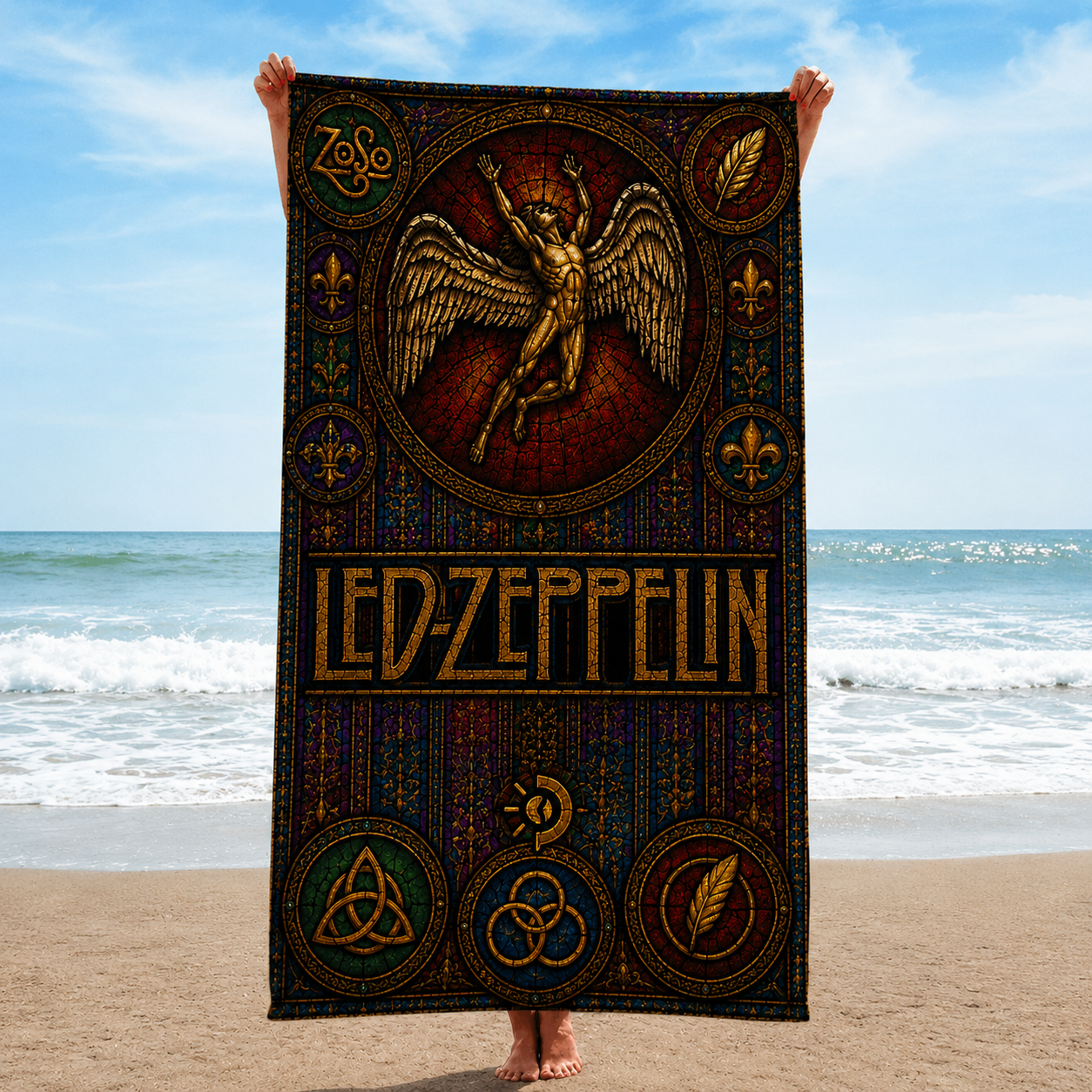Led Zeppelin Stained Glass Beach Towel – Vintage Rock Band Oversized Sand-Free Towel, Gothic Angel Art Pool & Beach Blanket