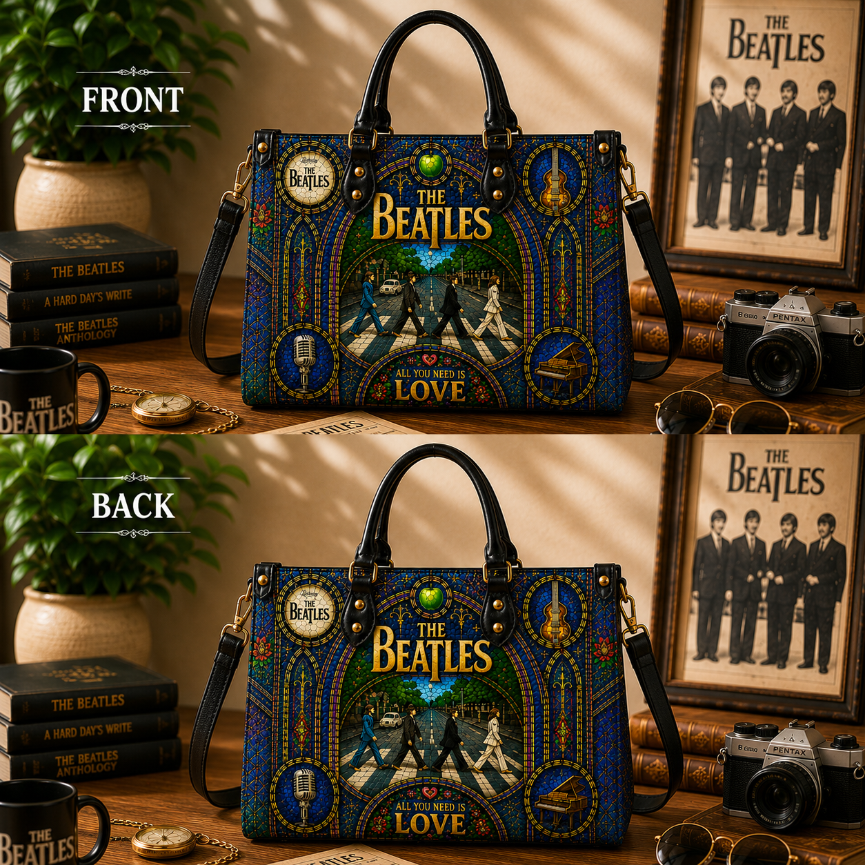 The Beatles Leather Handbag, Leather Tote Bag, Leather Wallet Set - Stained Glass The Beatles Band Fan Gift, Luxury Rock Music Accessories