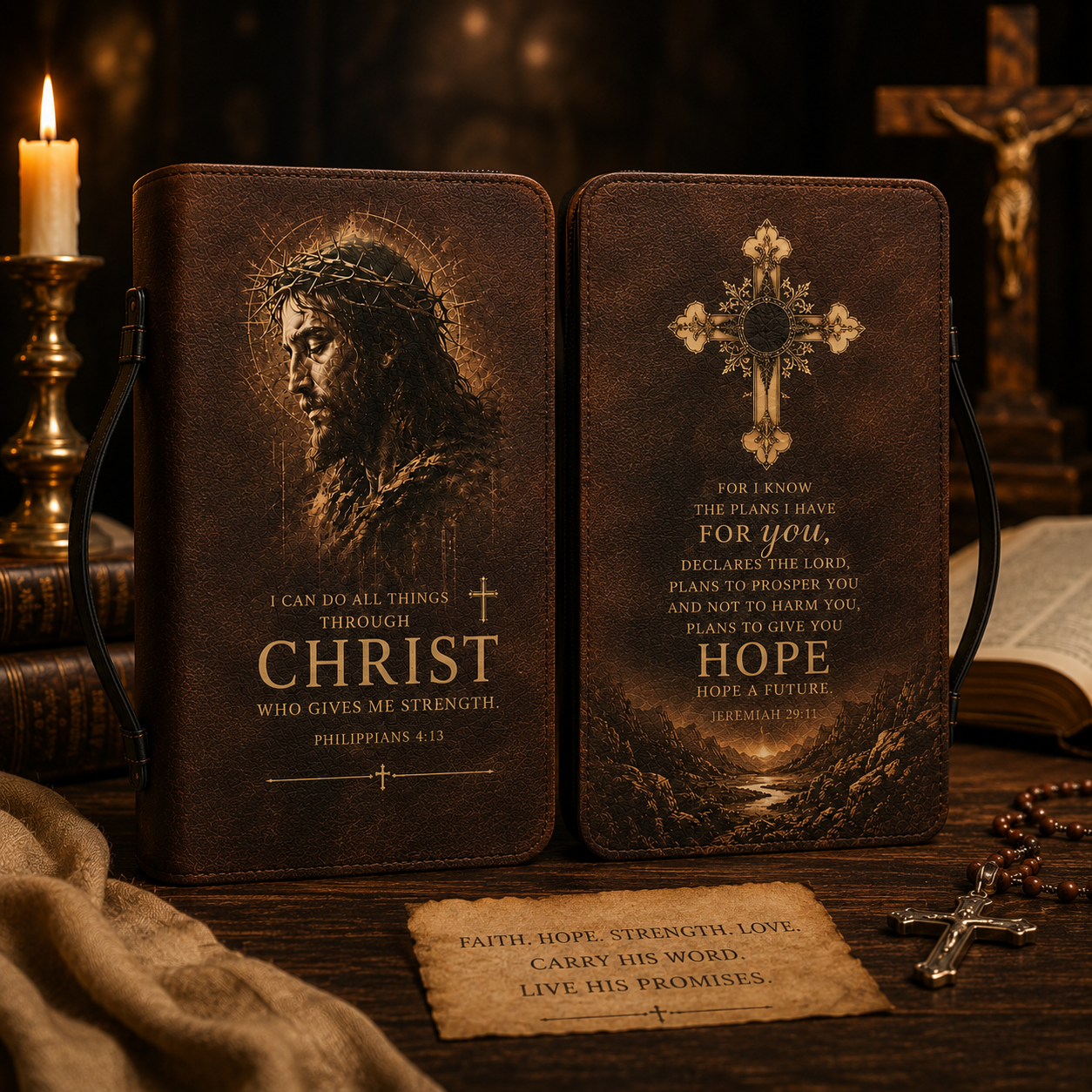 Christian Bible Cover - Jesus Portrait Leather Bible Cover with Philippians 4:13 and Jeremiah 29:11 Scripture Design