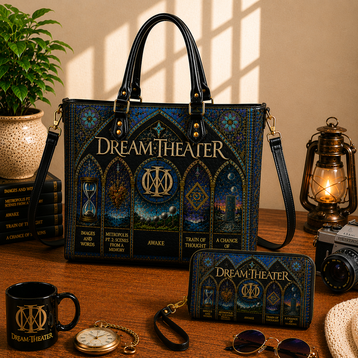 Dream Theater Leather Handbag, Leather Tote Bag, Leather Wallet Set - Stained Glass Dream Theater Band Fan Gift, Luxury Rock Music Accessories