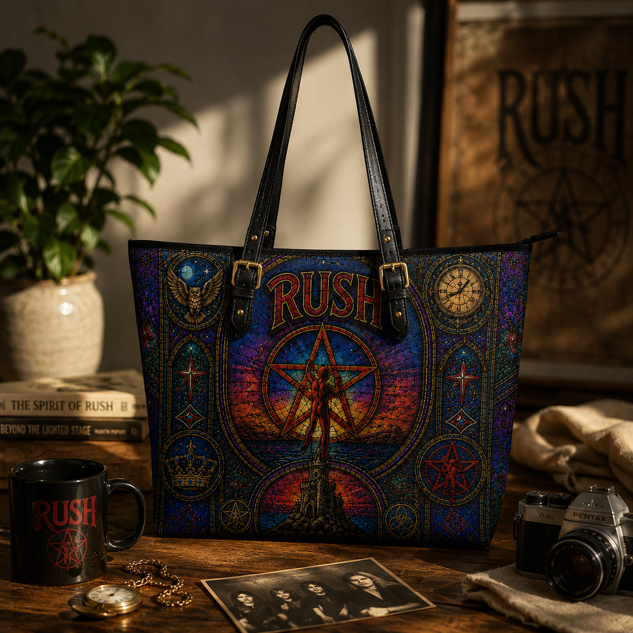Rush Leather Handbag, Leather Tote Bag, Leather Wallet Set - Stained Glass Rush Band Fan Gift, Luxury Rock Music Accessories