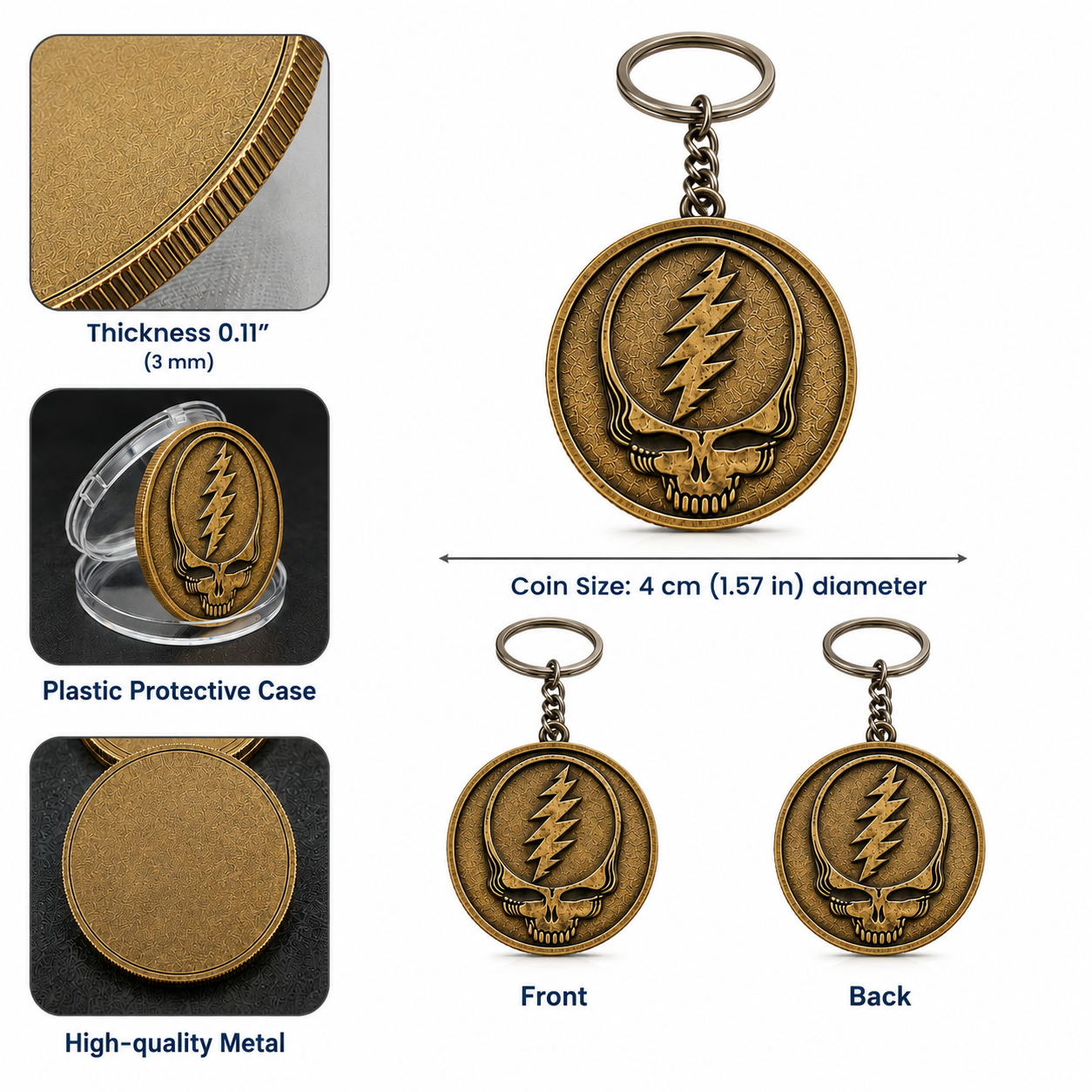 Grateful Dead Steal Your Face Skull Coin Keychain – Vintage Deadhead Key Ring, Antique Gold Lightning Bolt Skull Keychain