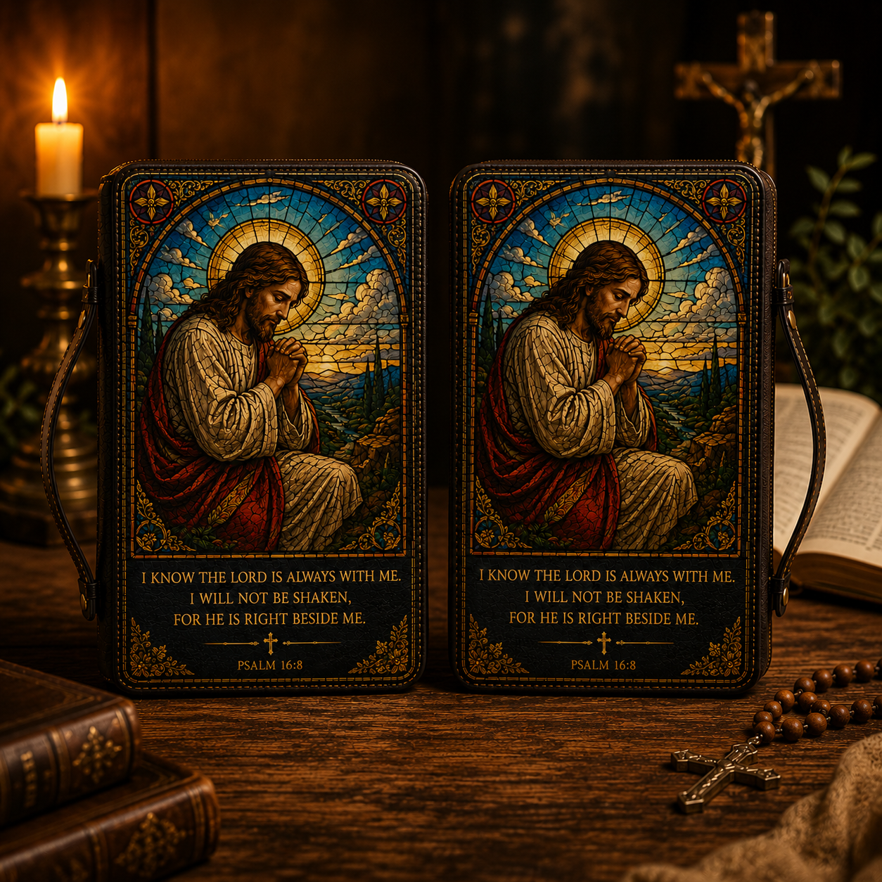 Christian Bible Cover - Praying Jesus Bible Cover with Psalm 16:8 and Isaiah 60:22 Scripture Design