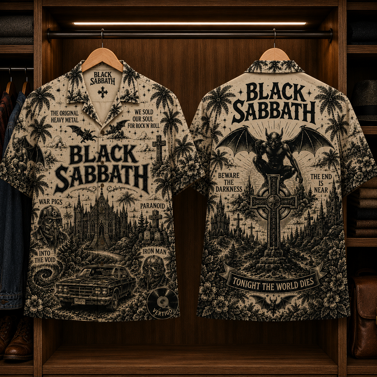 Black Sabbath Greatest Hits Hawaiian Shirt - Heavy Metal Band Cross Cemetery Button-Up Summer Shirt for Fans