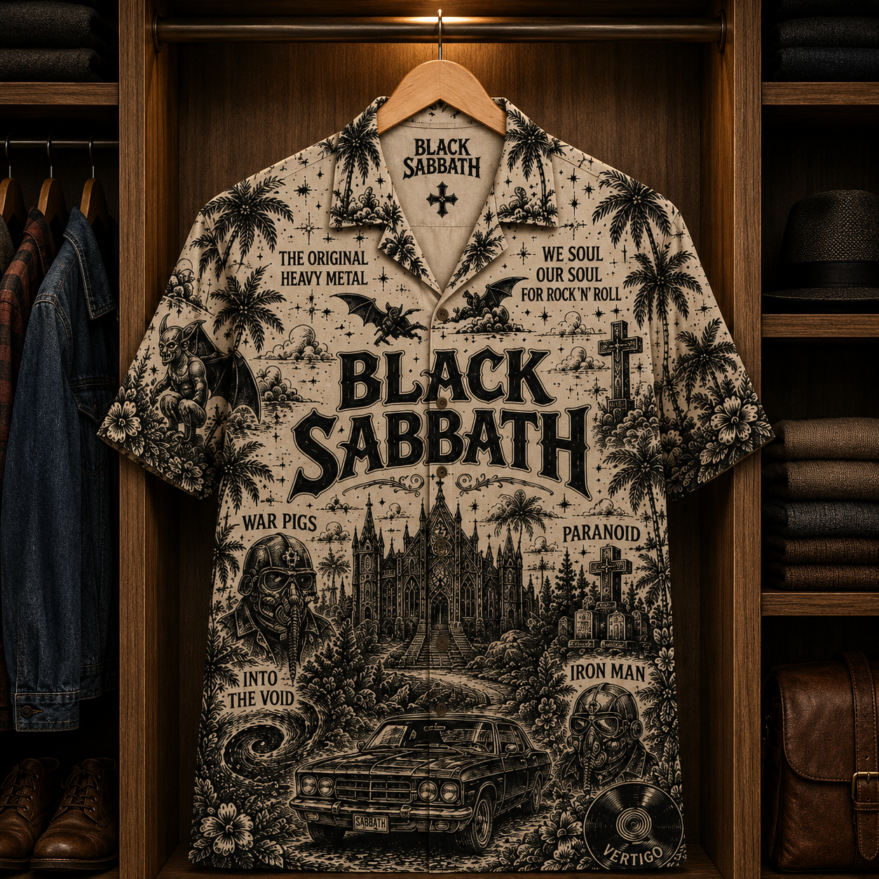 Black Sabbath Greatest Hits Hawaiian Shirt - Heavy Metal Band Cross Cemetery Button-Up Summer Shirt for Fans