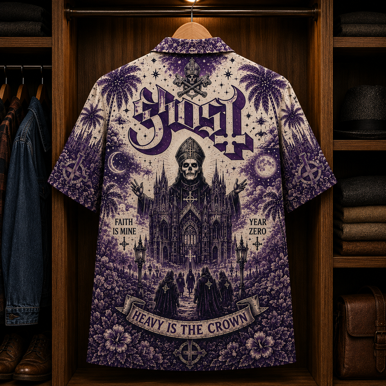 Ghost Heavy Is the Crown Hawaiian Shirt - Gothic Metal Band Ritual Artwork Button-Up Summer Shirt for Ghost Fans