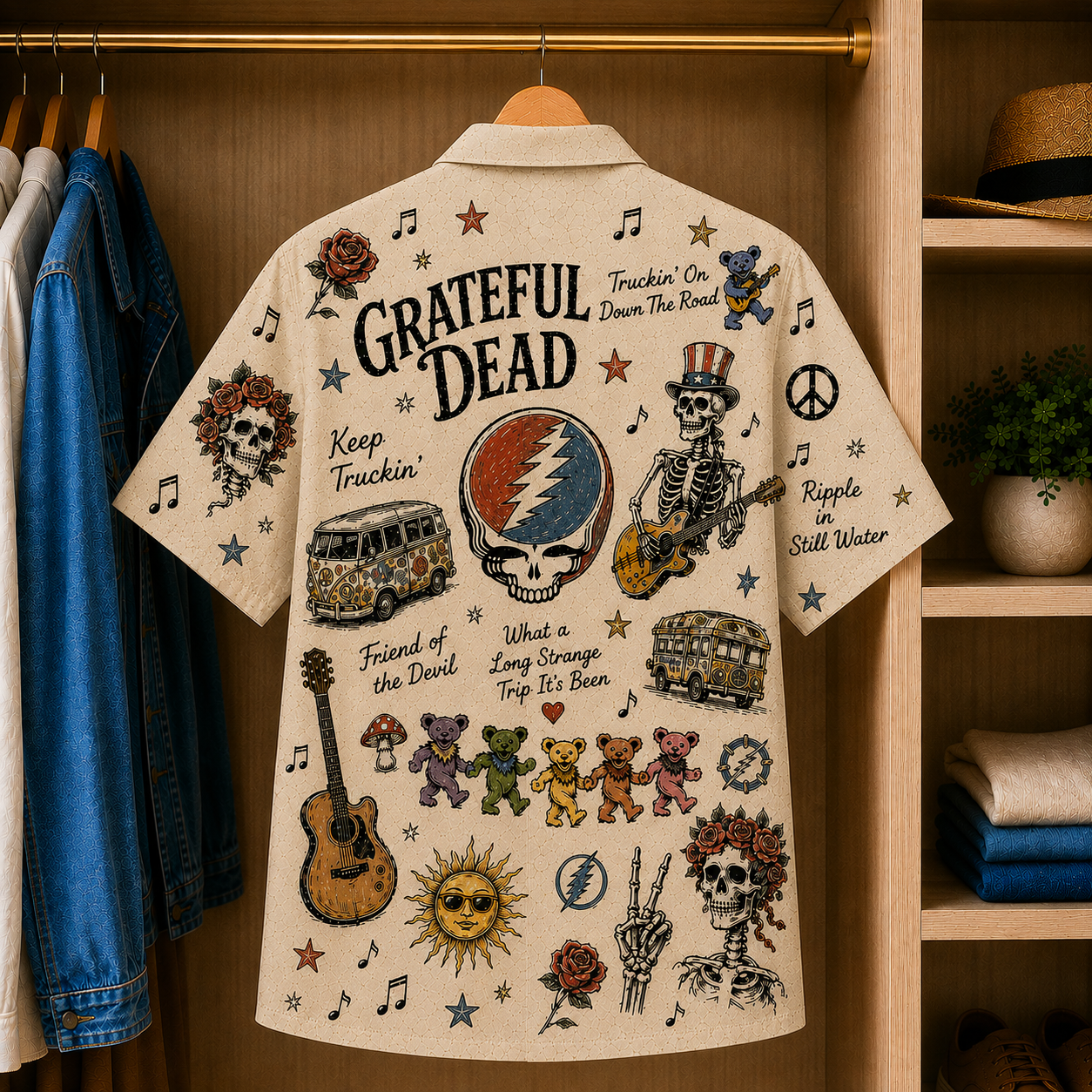 Grateful Dead Vintage Sketch Hawaiian Shirt - Steal Your Face Button Up Shirt with Dancing Bears, Roses and Classic Deadhead Art