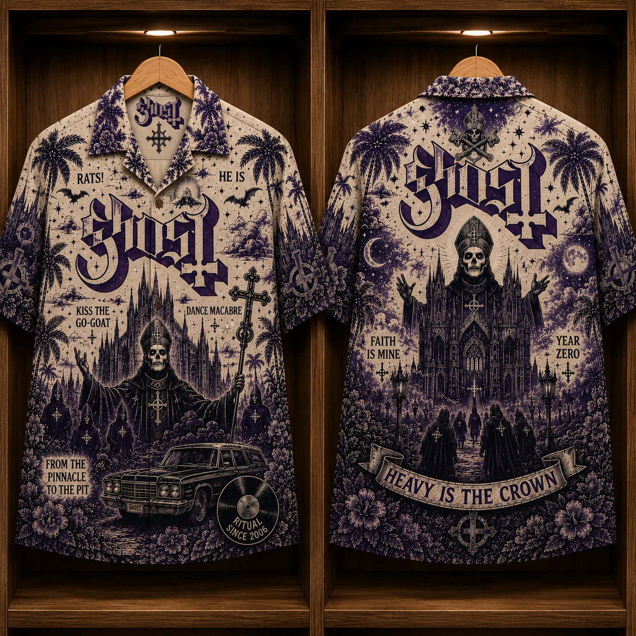 Ghost Heavy Is the Crown Hawaiian Shirt - Gothic Metal Band Ritual Artwork Button-Up Summer Shirt for Ghost Fans
