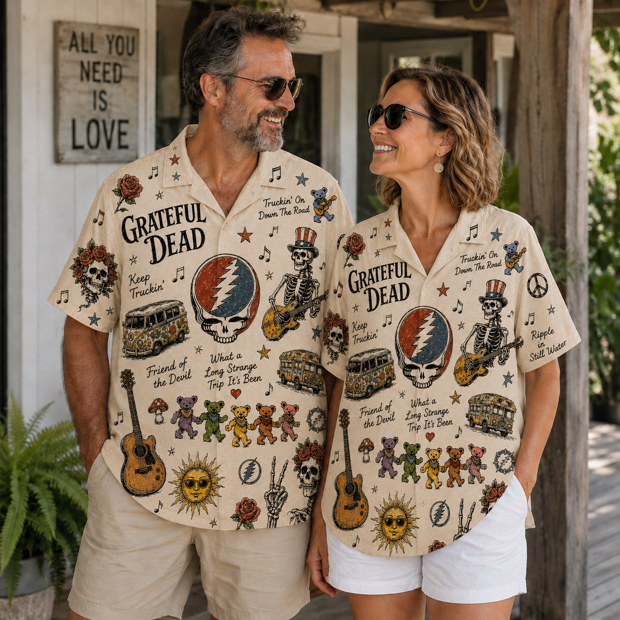 Grateful Dead Vintage Sketch Hawaiian Shirt - Steal Your Face Button Up Shirt with Dancing Bears, Roses and Classic Deadhead Art